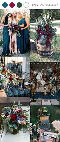 a collage of different pictures with flowers and greenery on them, including wine barrels