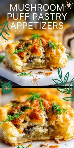 mushroom puff pastry appetizers on a white plate