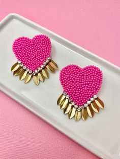 Adorable hot pink heart earring with gold and crystal detailing. Earrings are nickel-free, surgical steel with felt-back making them very lightweight and great for all-day wear! Beaded Heart Earrings Inspire Uplift ⭐, Heart Bead Drop Earrings For Party, Pink Heart Beads Earrings For Party, Heart Shaped Beaded Earrings For Party, Pink Heart Beads Drop Earrings, Heart-shaped Beaded Earrings For Party, Pink Heart Charm Earrings For Valentine's Day, Pink Beaded Heart Earrings For Valentine's Day, Heart-shaped Beaded Party Earrings