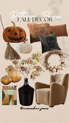 a collage of pumpkins, pillows and other fall decorations with text overlay