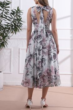 Corset V Neck Sleeveless Floral Chiffon Midi Dress Fitted Sleeveless Chiffon Dress For Garden Party, Spring A-line Chiffon Dress For Wedding Guest, Spring Wedding Guest A-line Chiffon Dress, Elegant Sleeveless Chiffon Dress For Garden Party, Sleeveless Chiffon Beach Dress, Chiffon Dress With Sweetheart Neckline For Spring, Spring Chiffon Dress With Sweetheart Neckline, Feminine Sleeveless Chiffon Bridesmaid Dress, Feminine Sleeveless Bridesmaid Chiffon Dress