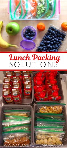 lunch boxes filled with fruits and vegetables on top of a wooden table in front of the words lunch packing solutions