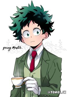 an anime character with green hair holding a coffee cup and looking at the camera while wearing a suit