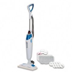 a white and blue steam mop with cleaning pads