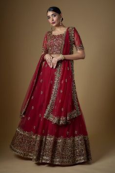 Chillie red tulle lehenga with an attached cancan and zardosi, sequins, cutdana and zari hand embroidery. Comes with a padded blouse and a dupatta. - Aza Fashions Umbrella Lehenga, Ae Dil, Orang India, डिजाइनर कपड़े, Sari Lehenga, Lehenga Saree Design, Half Saree Lehenga, Lehenga Choli Wedding, Indian Outfits Lehenga