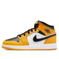 (GS) Air Jordan 1 Mid 'Reverse Yellow Toe' 554725-701 (AJ1/SNKR/Retro/Mid Top/Basketball) Retro Basketball Shoes With Round Toe For Light Sports, Throwback High-top Basketball Sneakers With Round Toe, Throwback High-top Sneakers With Round Toe For Basketball, Throwback Round Toe High-top Sneakers For Basketball, Retro High-top Jordan Sports Shoes, Yellow Sneakers With Boost Midsole For Sports, Retro High-top Jordan Shoes For Sports, Yellow High-top Sneakers For Sports Events, Orange Casual Basketball Sneakers