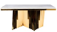 the table is made out of wood and has a white marble top with gold strips on it