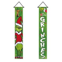 two green and red christmas banners with the words grembers on them, one is