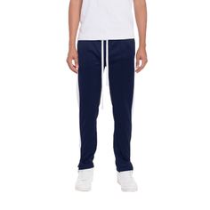 Model is 5''11 wearing a Medium. Regular fit Standard front and single back pockets Hidden ankle zipper Machine Washable and Dryable Navy Straight Leg Pants With Elastic Waistband, Navy Straight Leg Bottoms For Streetwear, Navy Relaxed Fit Straight Pants, Navy Relaxed Fit Pants, Navy Straight Leg Athleisure Bottoms, Relaxed Fit Long Pants With Side Stripes, Athleisure Trousers With Side Stripes, Navy Cotton Athleisure Pants, Navy Straight Pants With Elastic Waistband