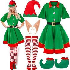 a woman dressed in green and red is standing next to elf's legs, boots and hat