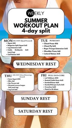 4 Day A Week Workout Plan, 4 Day Split Workout Women Gym, 4 Day Workout Split, 4 Day Split Workout, Summer Workout Plan