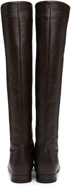 Knee-high nappa leather boots in brown. · Buffed leather lining · Covered block heel with rubber injection · Leather sole Supplier color: Tabac Brown Calf Leather Knee-high Boots With Square Toe, Brown Square Toe Calf Leather Knee-high Boots, Brown Square Toe Knee-high Calf Leather Boots, Brown Platform Boots With Leather Sole For Work, Brown Knee-high Boots With Padded Heel, Brown Knee-high Boots With Reinforced Heel For Office, Leather Platform Boots With Padded Heel For Work, Brown Block Heel Boots For Office, Brown Leather Platform Boots For Formal Occasions