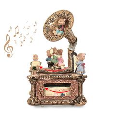 a musical box with figurines on it and music notes coming out of the top