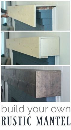 how to build your own rustic mantel from wood pallets and plywood with text overlay that says, build your own rustic mantel