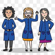 three women in blue coats standing next to each other with their hands on their hipss