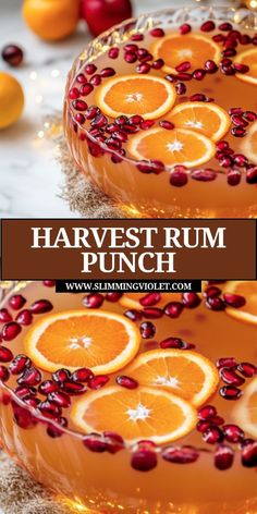 an orange and pomegranate dessert with text overlay that reads harvest rum punch