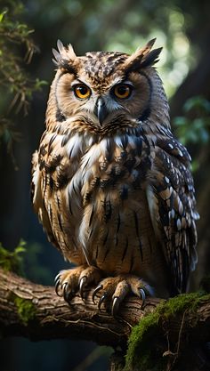 an owl sitting on top of a tree branch in the forest with eyes wide open