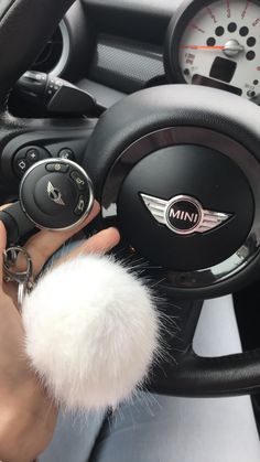 a person is holding the steering wheel knob on a car with a fuzzy ball attached to it