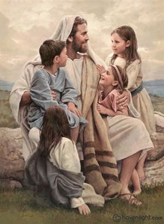 a painting of jesus with children and an adult