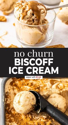 no churn biscoff ice cream in a glass dish with a spoon on the side