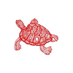 a red ink drawing of a turtle on a white background with the words, sea life