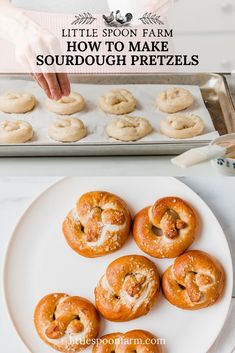 a white plate topped with mini pretzels next to a tray of doughnuts