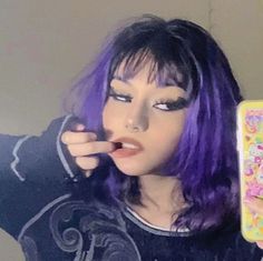 Purple Hair Color Ideas For Light Brown Hair, Black Purple Hair Short, Black Hair With Purple Front Pieces, Short Purple Hair Ideas, Short Black And Purple Hair, Purple Hair Aesthetic Grunge, Short Purple Hair With Bangs, Purple Hair Face Claim, Black Roots Purple Hair