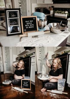 a woman sitting on the floor in front of a kitchen counter holding a metal bowl and whisk