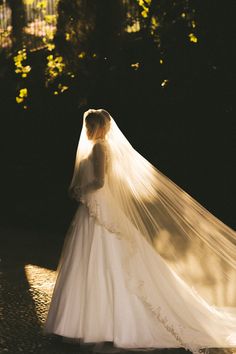 a woman in a wedding dress and veil is walking down the street with trees behind her