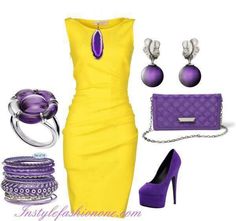 Love this Purple Accessories, Yellow Outfit, Purple Dress, Primavera Estate, Yellow Dress, Evening Wear