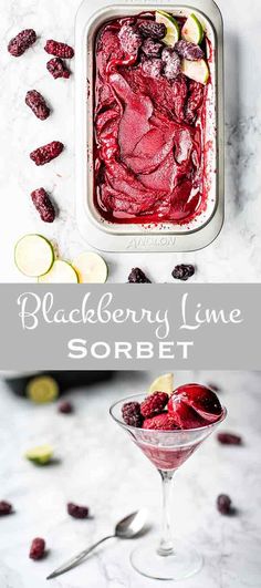 raspberry lime sorbet in a glass bowl with lemon wedges on the side