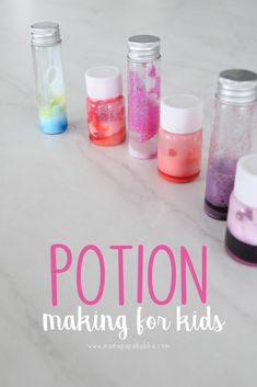 the words potton making for kids are shown in front of jars filled with colored liquid