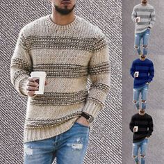 Top Rated Men Pullover Jumper Sweater Crew Neck Winter Striped Knitted Slim Fit Warm, Top Mens Sweaters Oversized Winter Coat, Sweater Streetwear, Striped Knitted Sweater, Pullover Sweater Men, Mens Winter Coat, Thick Sweaters, Bottoming Shirt, Casual Stripes, Striped Sleeve