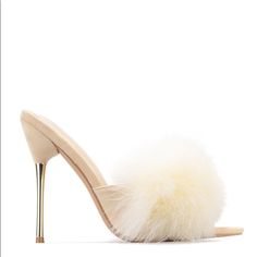 Nude Fur Open Toe Shoe Beige Mules With Wrapped Heel For Party, Beige Slip-on Mules For Party, Chic Cream Mules For Party, Cream Chic Heels For Winter, Chic Cream Heels For Winter, Basket Weave Braid, Clear Chunky Heels, Gold Shoes Heels, Rose Gold Heels