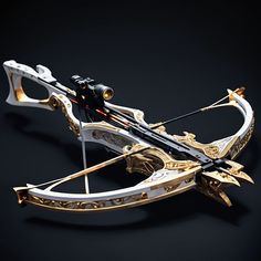 an intricately designed bow and arrow on a black background with gold trimmings