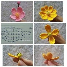 crocheted flowers are shown in four different pictures, one is yellow and the other is pink