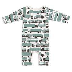 The perfect one-piece outfit, in our Big Rigs print. Honk honk! Big rigs rumbling down the road!Our classic long-sleeve rompers have lap neck openings for quick and easy ons and offs, and 7 snaps along the inside of the legs on wide binding for withstanding wriggly babies and many, many trips through the washing machine.-Made in Brooklyn NY USA-100% Certified Organic Cotton Printed Fitted Onesie For Playtime, Fitted Printed Onesie For Playtime, Playful Printed Onesie For Playtime, Playful Printed Bodysuit For Playtime, Fitted Printed Blue Onesie, Fitted Blue Printed Onesie, White Printed Playful Jumpsuits And Rompers, Blue Printed Fitted Onesie, White Printed Onesie For Bedtime