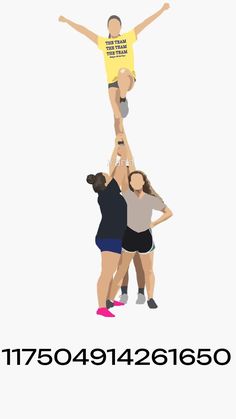 three people standing on top of each other with their arms in the air and one person holding