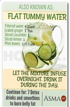 Flat Tummy Water Recipes, Stomach Flat, Flat Tummy Water, Mint Water, High Calorie, Natural Detox Drinks, Detox Water Recipes, Ginger Recipes