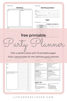 a party planner with the text, free printable party planner on it and an image of