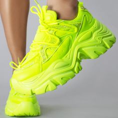 Step Into The Spotlight With These Electrifying Nikki Aeon Flow Rhinestone Neon Yellow Platform Sneakers From Berness. These Radiant Rave Platform Sneakers Features A Bold Neon Yellow Colored Nylon Mesh And Vegan Leather Upper, Rhinestone Detailing On The Sides, Lace Up Closure, Chunky Rubber Platform Sole. This Super Lightweight Rave Platform Sneakers Will Elevate You On Every Stride. Nikki Aeon Flow Rhinestone Neon Yellow Platform Sneakers Nylon Mesh & Vegan Leather Upper Rhinestone Accents Su Neon Yellow Shoes, Peach Shoes, Glitter Fashion, Sam Edelman Sandals, Stylish Footwear, Womens Golf Shoes, Yellow Shoes, Workout Shoes, Studded Sandals