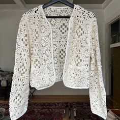 Brand New! White Spring Cardigan With Crochet Trim, White Cardigan With Crochet Trim For Spring, White Crochet Trim Cardigan For Spring, Casual White Cardigan With Crochet Trim, White Open Knit Summer Outerwear, White Cardigan With Crochet Trim, White Cardigan With Crochet Trim For Fall, White Crochet Trim Cardigan, White Crochet Cardigan For Summer