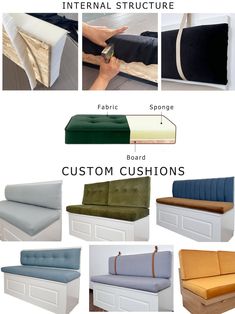 different types of sofas and cushions with instructions to make them look like they are being used