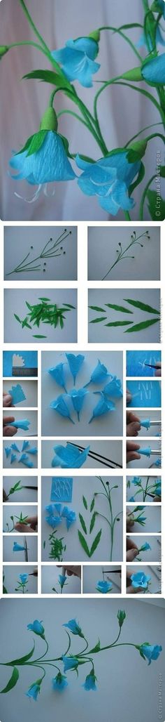 blue flowers and green leaves are being painted on the wall in this photo collage