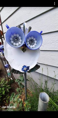 two blue bowls are sitting on top of a white plate