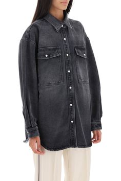 100% Cotton | Palm Angels Women's Oversized Snap-up Denim Shirt in Black Brow | FW23/24 Latest Fashion Design, Leather Logo, Palm Angels, Cut Shirts, Shirt Sale, Denim Shirt, Free Shopping, Womens Backpack, Patch Logo