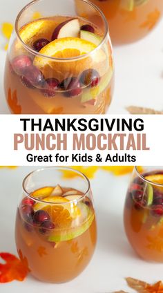 thanksgiving punch cocktail with oranges, apples and cranberries in small glasses on a white surface