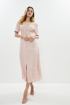 Style: A-Line DressDesign: PrintedFabric: SatinLength: MidiNeckline: V NeckSleeve Length: Short Sleeve Blush Midi Dress, College Projects, Vintage Dance, Ladies Day Dresses, Blush Pink Dresses, Button Front Dress, Midi Short Sleeve Dress, Pink Style, Button Up Dress