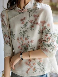 Vintage Buttoned Long-sleeved Printed Shirt Cheongsam Shirt, Linen Blouses, Spring Blouses, Spring Fabric, Linen Blouse, Pullover Designs, Vintage Button, Printed Linen, Inspiration Mode