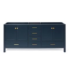 a blue cabinet with gold handles and drawers on the front, against a white background